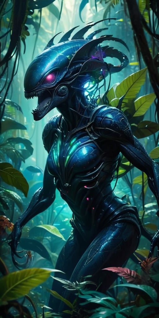 A colossal,  eyeless monstrosity with razor-sharp claws and bioluminescent scales hunts through the dense foliage of a bio...