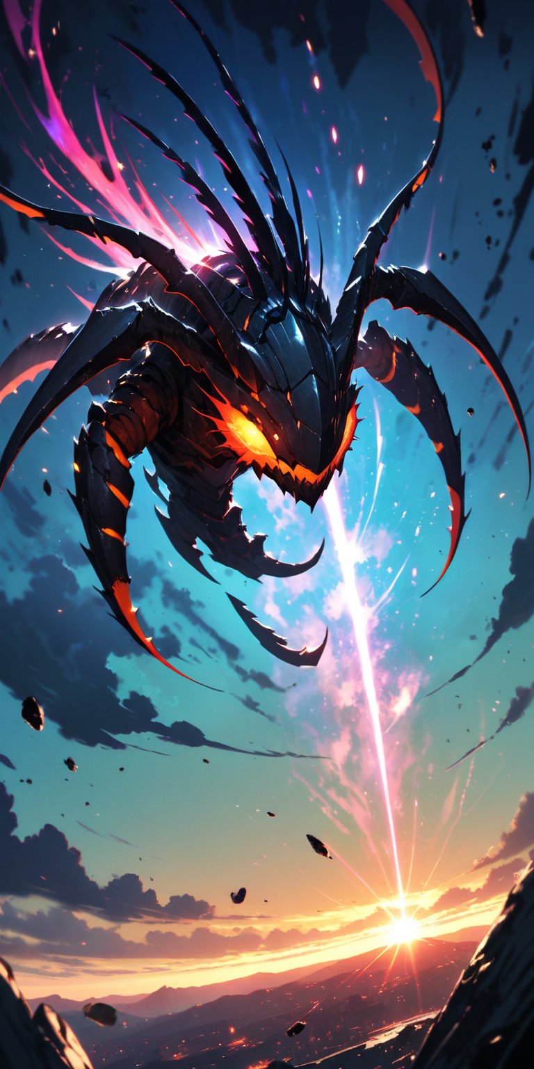 Intergalactic Predator A massive, insect-like alien creature with razor-sharp claws and an armoured exoskeleton. It hovers menacingly above a shattered spaceship wreckage, with a vast, swirling nebula in the background.
