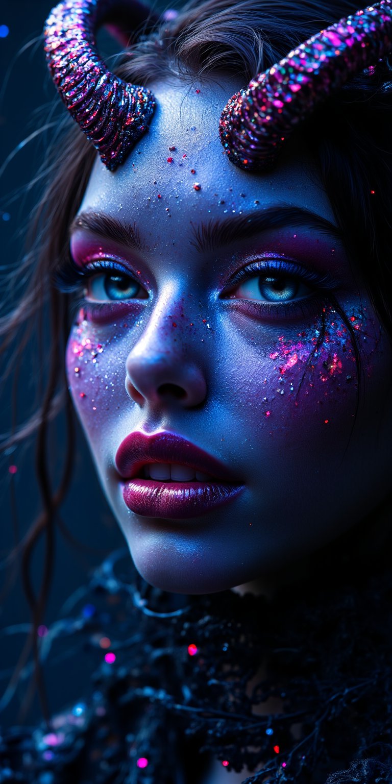 A close-up of a demon woman with an ethereal,  shadowy aura surrounding her. Her skin is a deep shade of indigo,  and her...