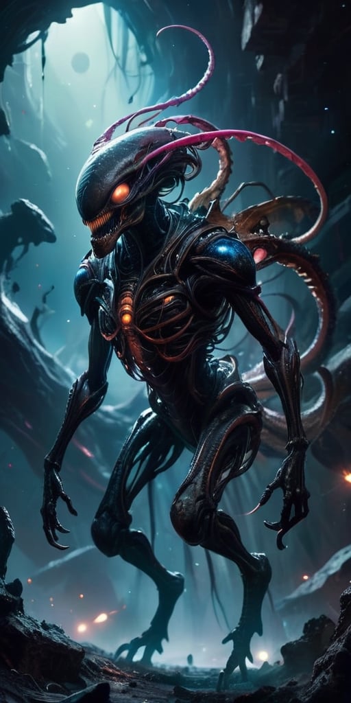 A nightmarish,  hybrid creature emerges from the shadows of a derelict spaceship,  floating in the void of space. Its body...