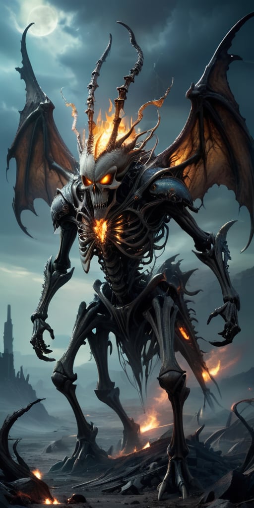 Roaming the barren,  ash-covered wasteland of a post-apocalyptic world,  a towering alien abomination with skeletal wings...
