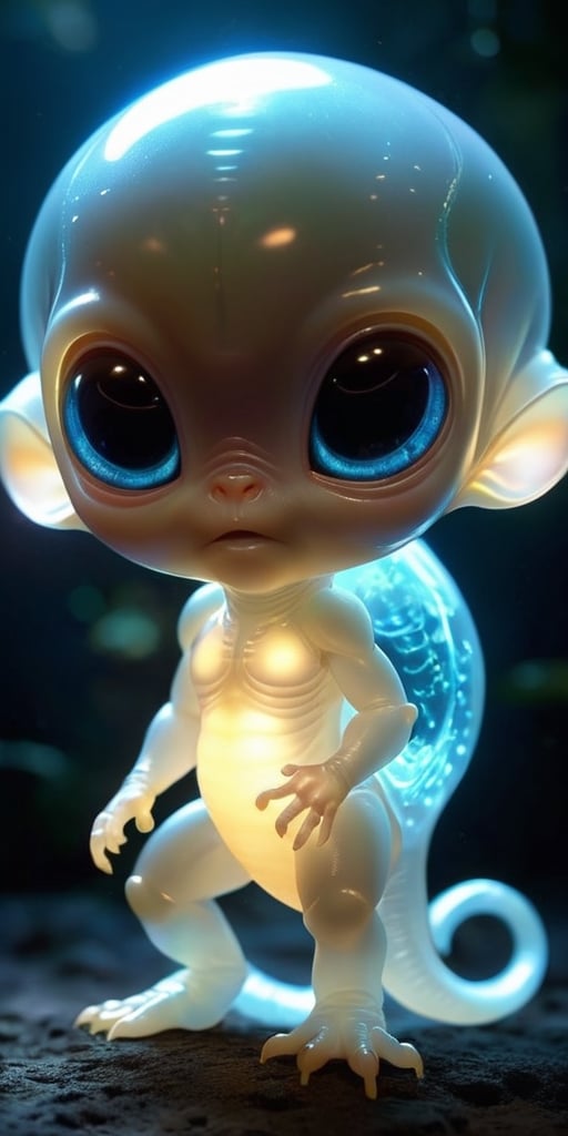 A baby alien with translucent skin that reveals its internal organs,  which glow softly with bioluminescence. It has a hea...