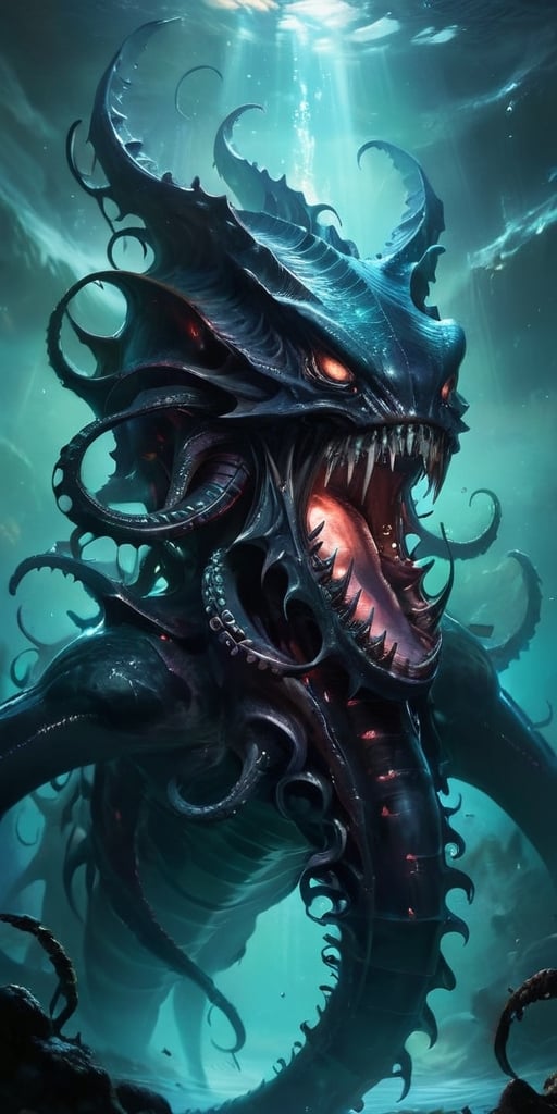 The Abyssal Leviathan Deep beneath the waves of a blackened sea,  where the waters teem with alien life forms,  swims a co...