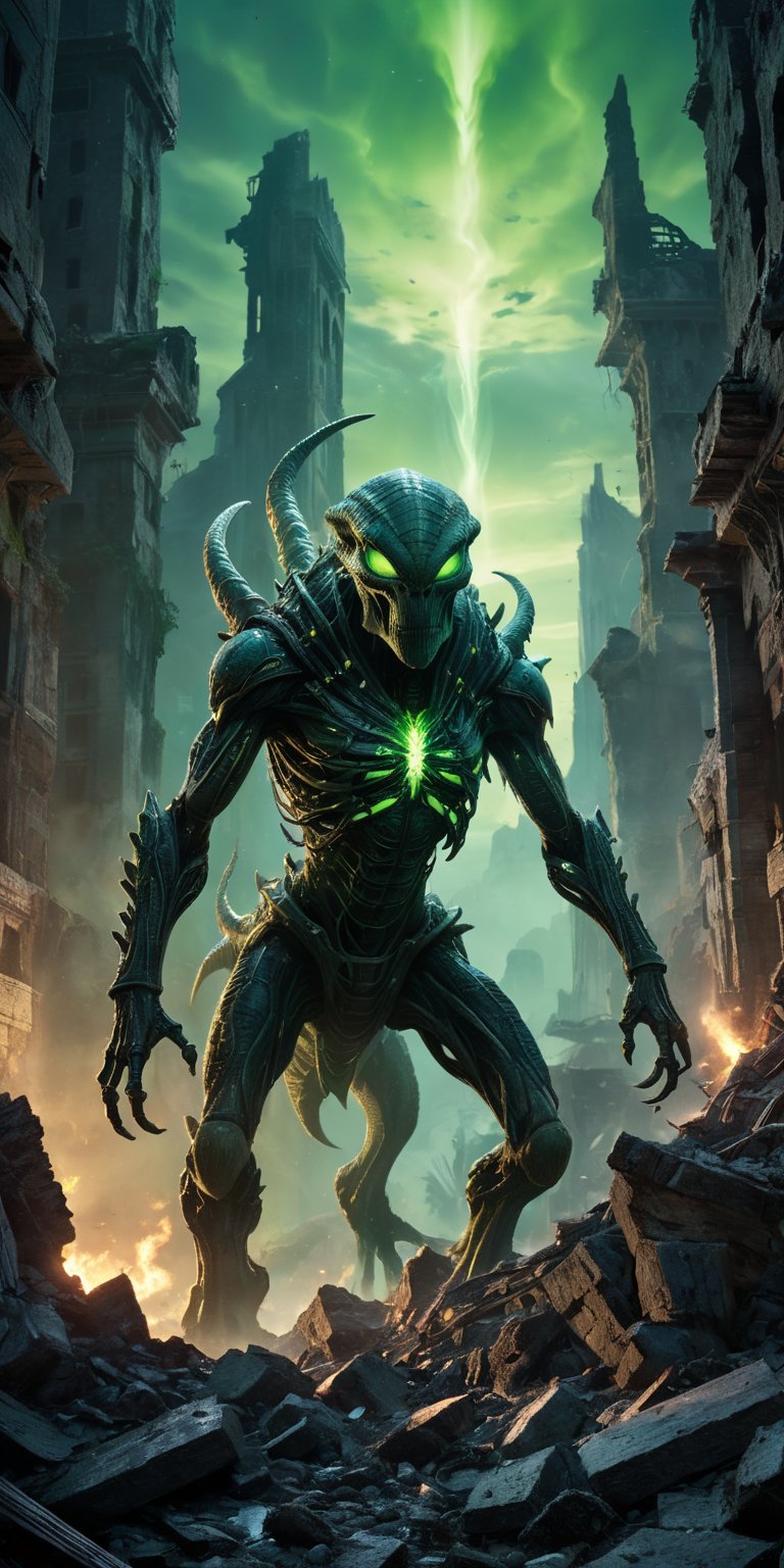 A towering alien with skeletal arms descends upon a ruined city,  its path illuminated by an unnatural green glow. A monst...
