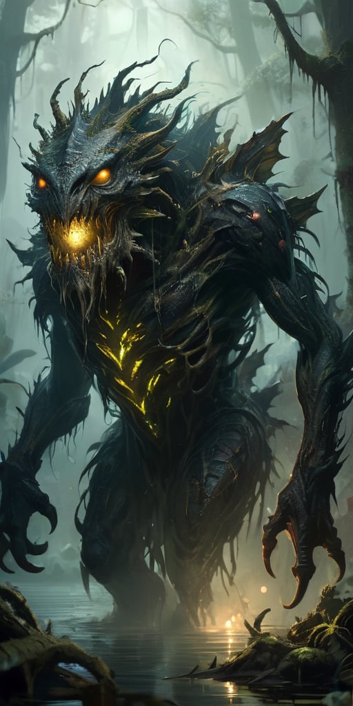 Vicious Swamp Beast A monstrous creature emerging from the murky depths of a swamp. Its body is covered in dark,  slimy sc...