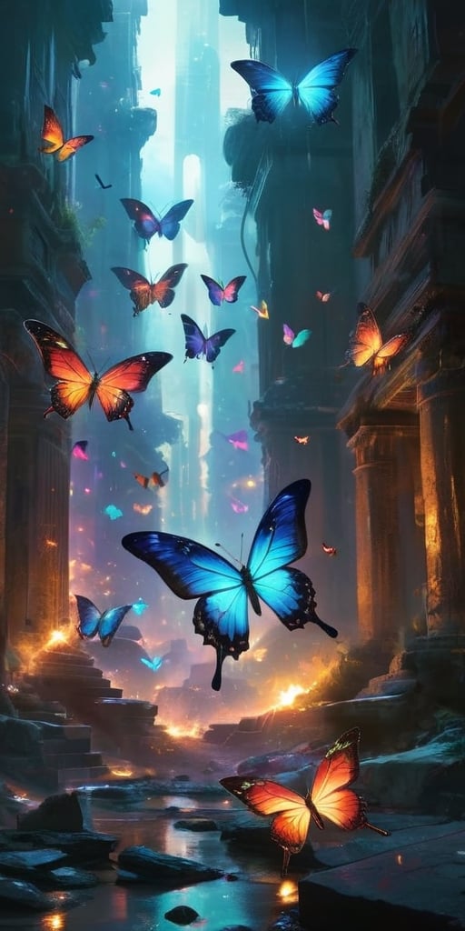 A swarm of bioluminescent butterflies with iridescent wings flutter through the ruins of an ancient alien city. Their deli...