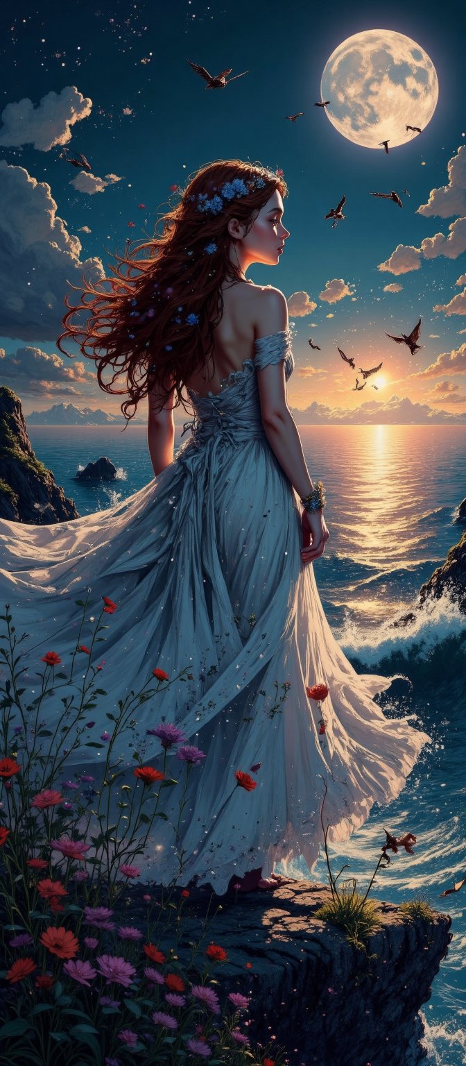 A young woman with flowing auburn hair stands on a cliff overlooking a shimmering,  enchanted sea. She wears a simple,  fl...