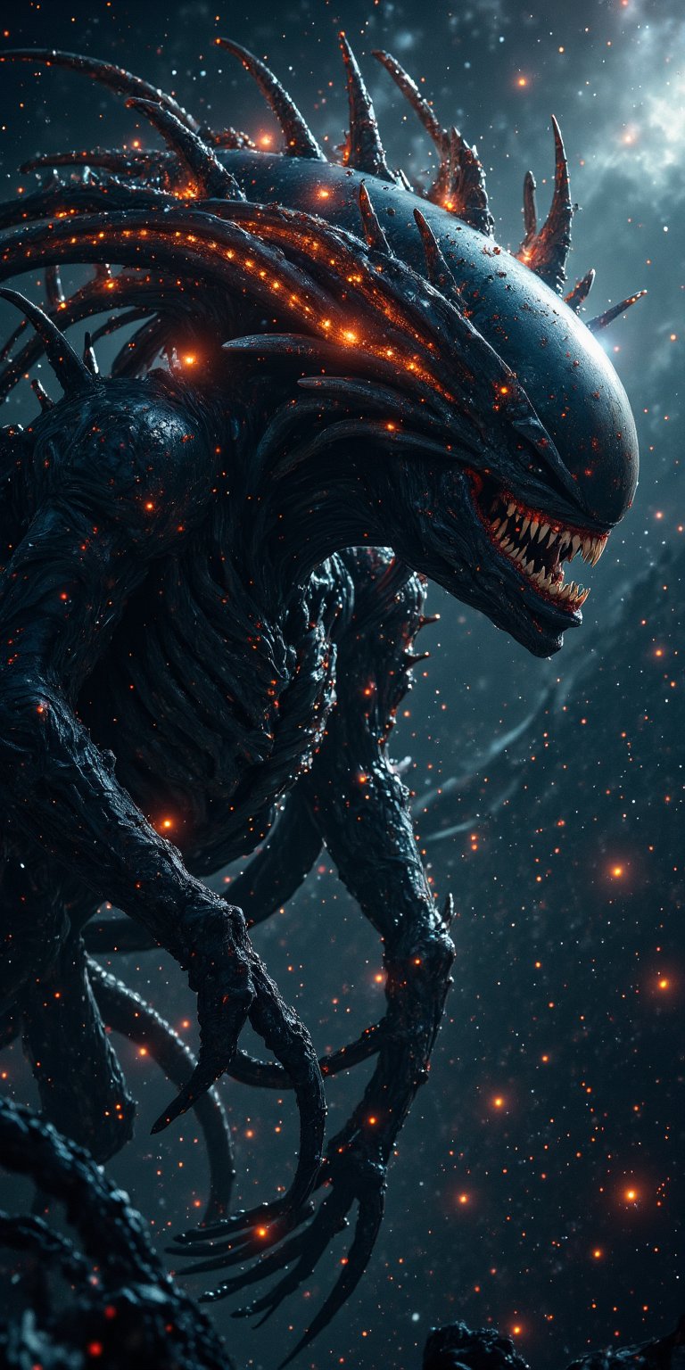 A massive alien devourer with rows of sharp teeth and a body covered in glowing,  alien runes,  hovering in the depths of...