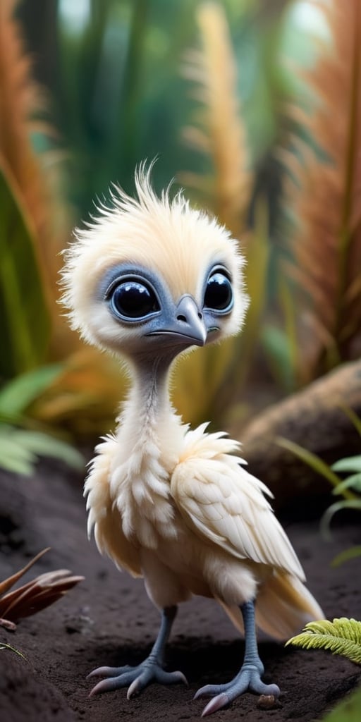 A baby alien with soft,  downy feathers that cover its body. It has a long,  slender neck and a small by Caption Master on...