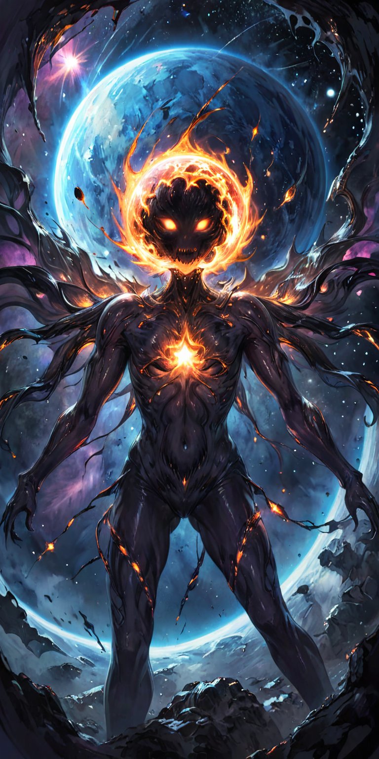 Cosmic Nightmare:A horrifying alien entity with multiple arms and a twisted,  grotesque face,  drifting in the blackness o...
