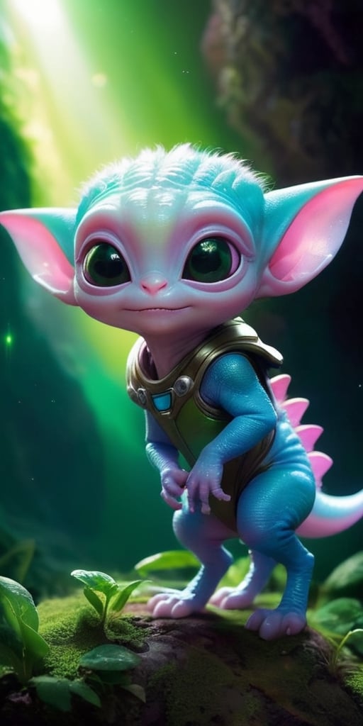 A baby alien with fur that changes color depending on its mood,  ranging from a soft pink when it's content to a vibrant g...