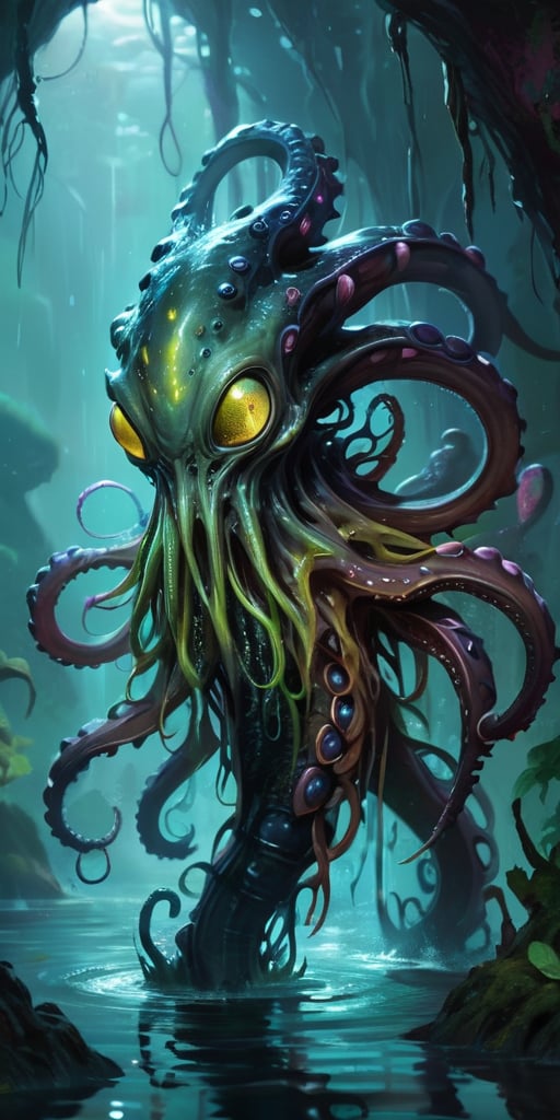 Rising from the dark waters of an alien marsh,  a nightmarish alien creature with a cephalopod-like body and reptilian lim...
