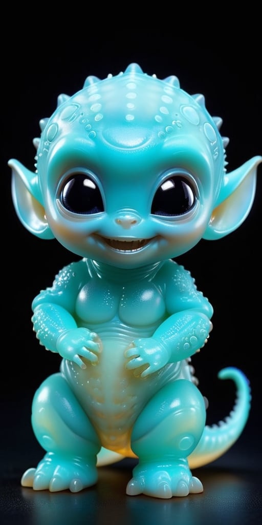 An alien infant with skin that is covered in tiny,  bioluminescent spots that glow softly in the dark. It has a round,  ch...