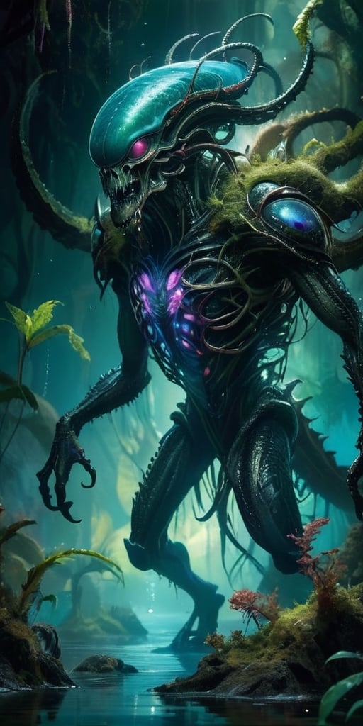 A colossal alien-monster hybrid rises from a bubbling,  toxic swamp on an alien planet. Its body is covered in thick,  arm...
