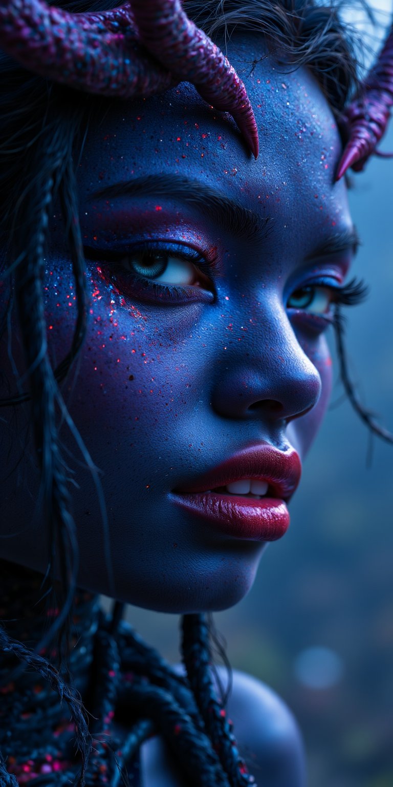 A close-up of a demon woman with an ethereal,  shadowy aura surrounding her. Her skin is a deep shade of indigo,  and her...