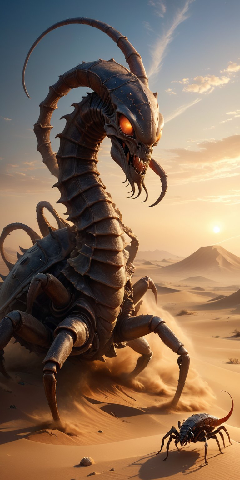 A desolate,  windswept desert stretches as far as the eye can see. A towering alien with sand-blasted carapace faces a mon...