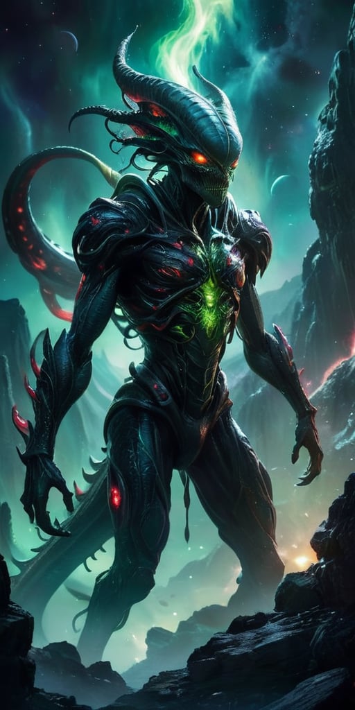 Create an image of a dangerous alien monster in space,  towering over a desolate alien landscape with dark,  armored scale...