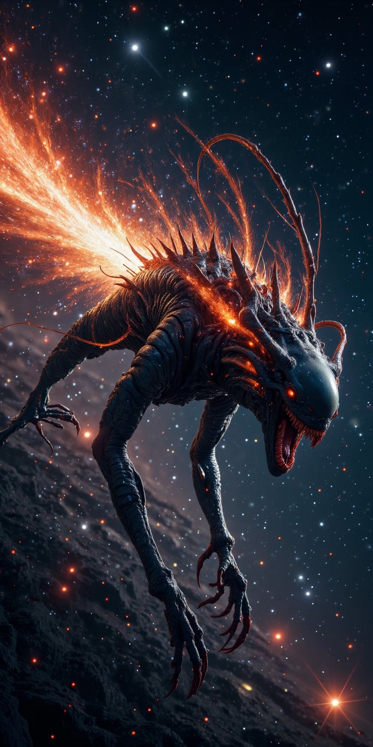 A terrifying alien beast with comet-like trails of energy emanating from its body,  racing through the starry expanse. The...