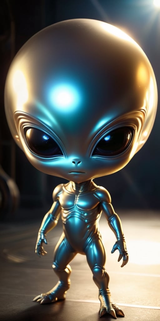 An alien infant with a smooth,  metallic skin that glints in the sunlight. It has a head that is shaped like a perfect sph...