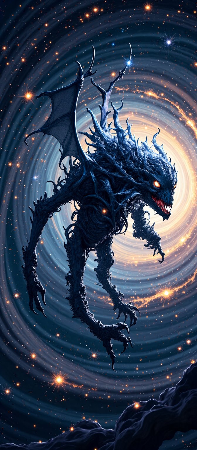 A terrifying alien creature hovers near the event horizon of a black hole,  with tendrils of cosmic energy swirling around...