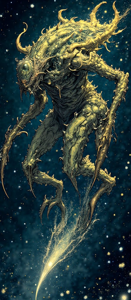 A horrific fusion of alien biology and eldritch energy,  this creature drifts through the void,  trailing a mist of glowin...