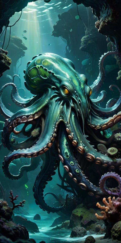 Abyssal Monstrosity A creature with the body of an octopus and the head of a predatory dinosaur,  with tentacles that end...