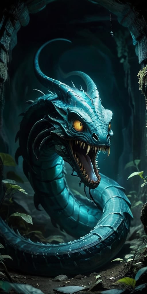 Slithering through the twisting,  narrow tunnels of an underground labyrinth,  a monstrous alien serpent with a chitinous...