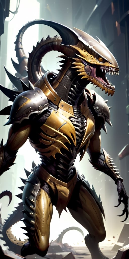 A creature with a body covered in sharp,  metallic plates that clank and clang as it moves. It has a large,  gaping maw fi...