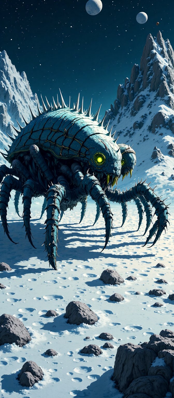 An enormous alien beast prowls the icy surface of a distant moon,  its many legs leaving deep imprints in the frozen groun...