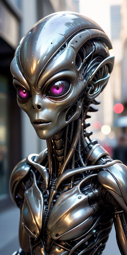 A humanoid alien with metallic skin that constantly shifts and changes colors,  camouflaging it in its surroundings. Its l...