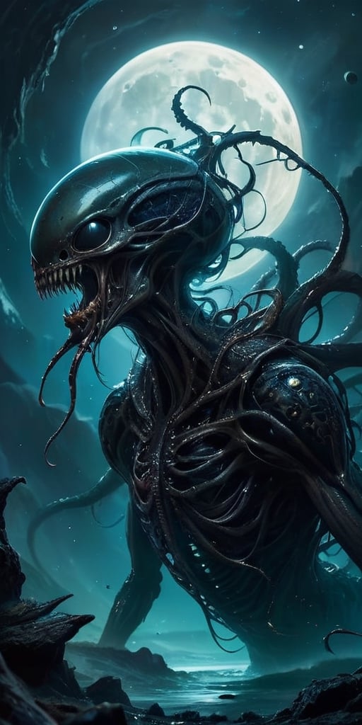 In the silent void of space,  a creature born of nightmares floats menacingly. Its form is a horrifying combination of ali...