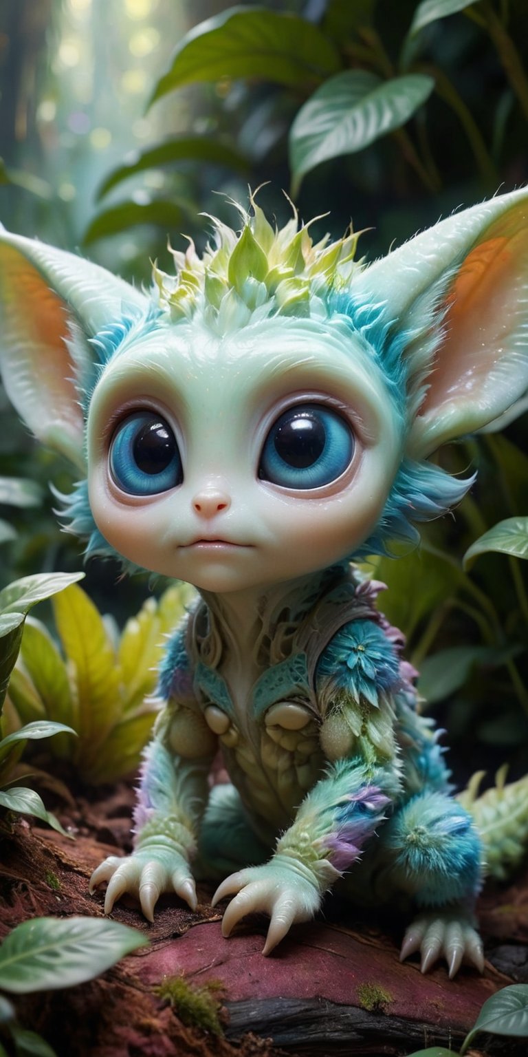 On a cozy bed of soft,  alien plants,  a baby alien with pastel-colored fur and large by Caption Master on Tensor.Art