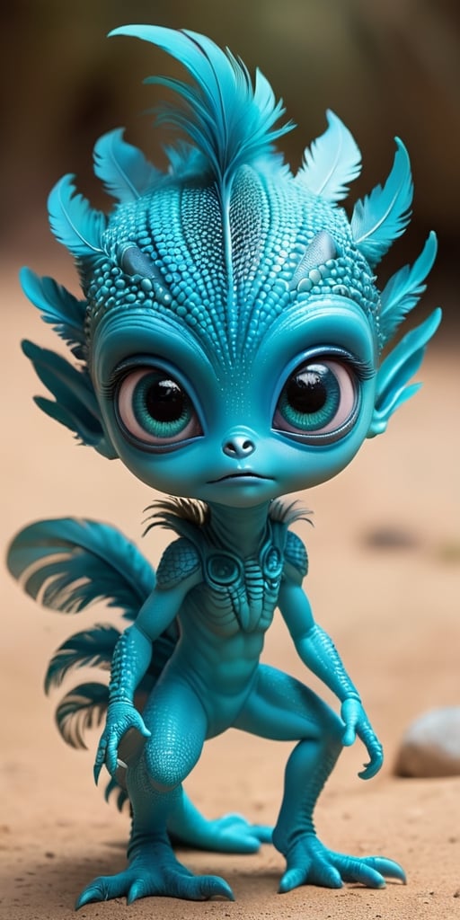 An alien infant with a body that is covered in tiny,  feather-like scales that rustle softly in the breeze. It has large,...