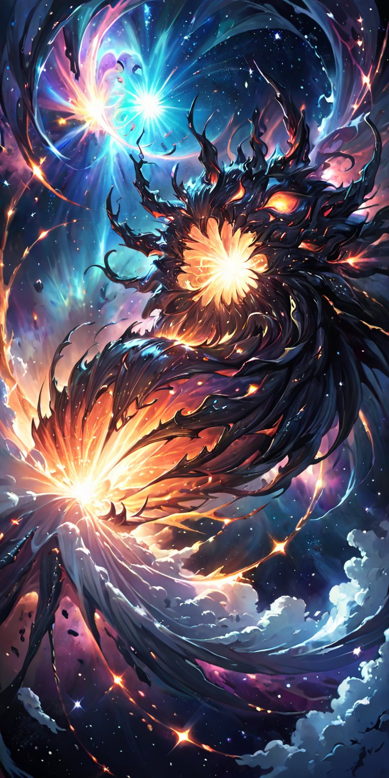 Cosmic Abomination:A nightmarish alien abomination with multiple heads and writhing tendrils,  floating in the depths of s...