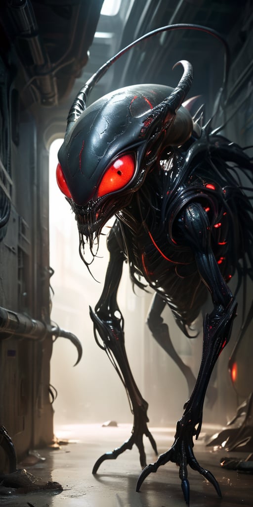 Lurking in the dark,  twisted corridors of an abandoned alien spaceship,  a terrifying creature with a sleek by Caption Ma...