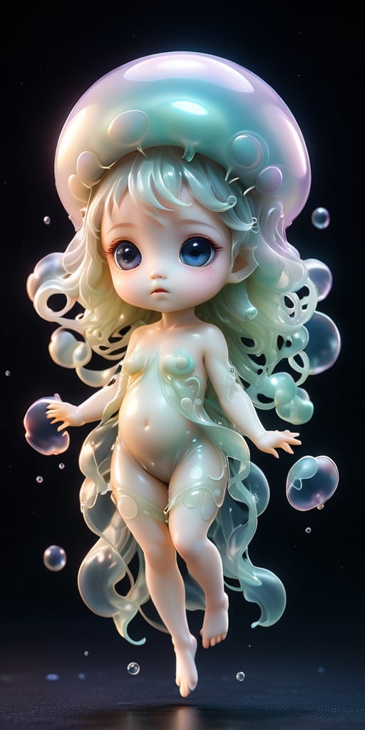 An alien infant with a soft,  translucent membrane that covers its body,  giving it a jellyfish-like appearance. It has ti...