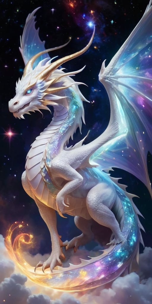 A celestial dragon,  its body a luminous pearl white,  shimmering with the light of distant stars. Its wings are expansive...