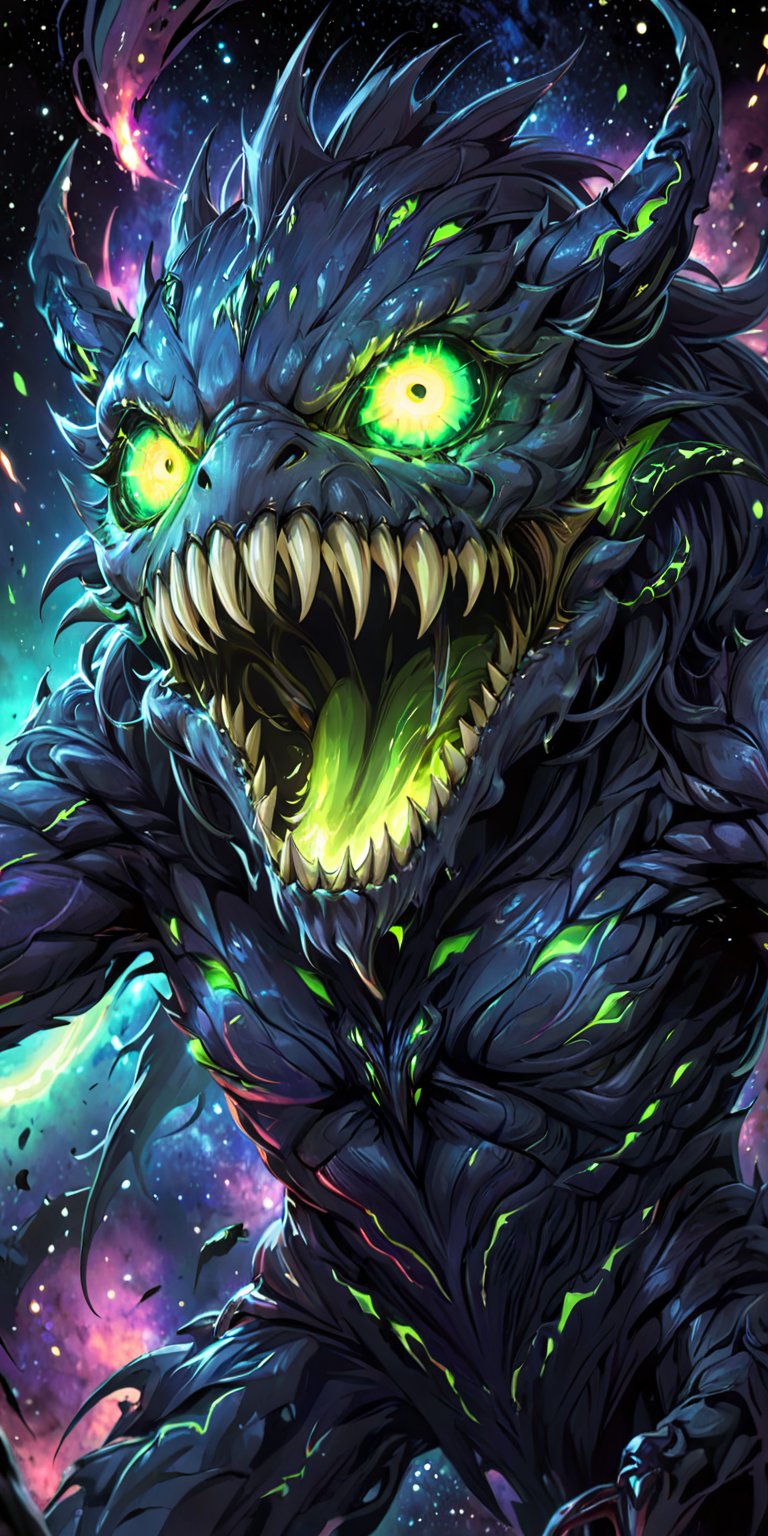 Alien Monster with Glowing Eyes:A terrifying alien monster with multiple eyes that glow neon green,  its sharp claws and j...