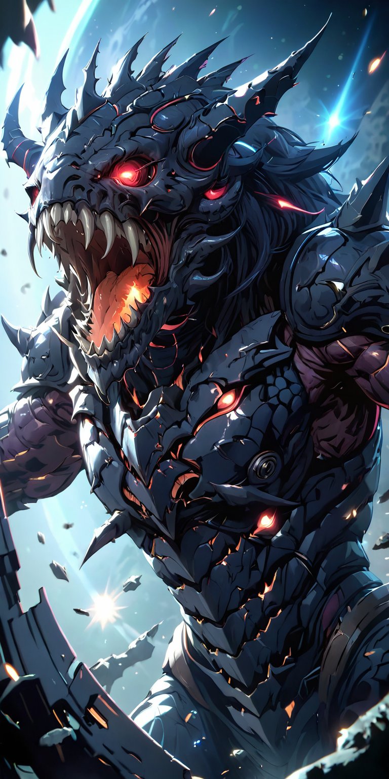 An alien-monster with spiked,  armor-plated skin,  its eyeless face covered in jagged teeth as it uses its powerful arms t...