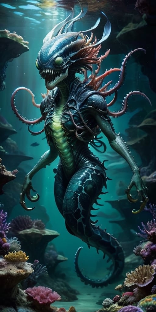 In the depths of a cavernous alien ocean,  a monstrous hybrid lurks in the shadows. Its body is an unsettling fusion of aq...