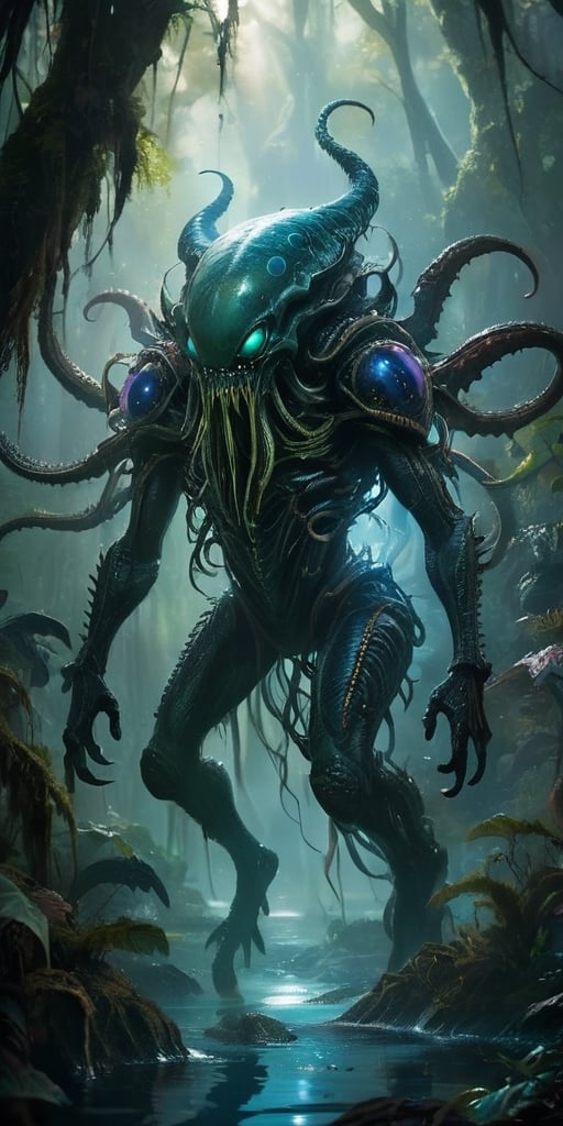 A colossal alien-monster hybrid rises from a bubbling,  toxic swamp on an alien planet. Its body is covered in thick,  arm...