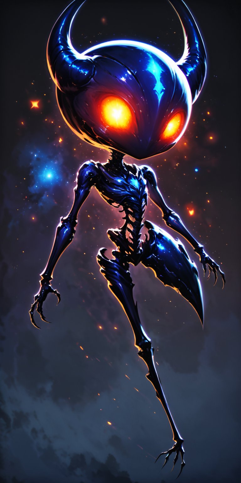 Void Stalker:A sinister alien creature with elongated limbs and a skeletal frame,  its eyes glowing a haunting blue. It fl...