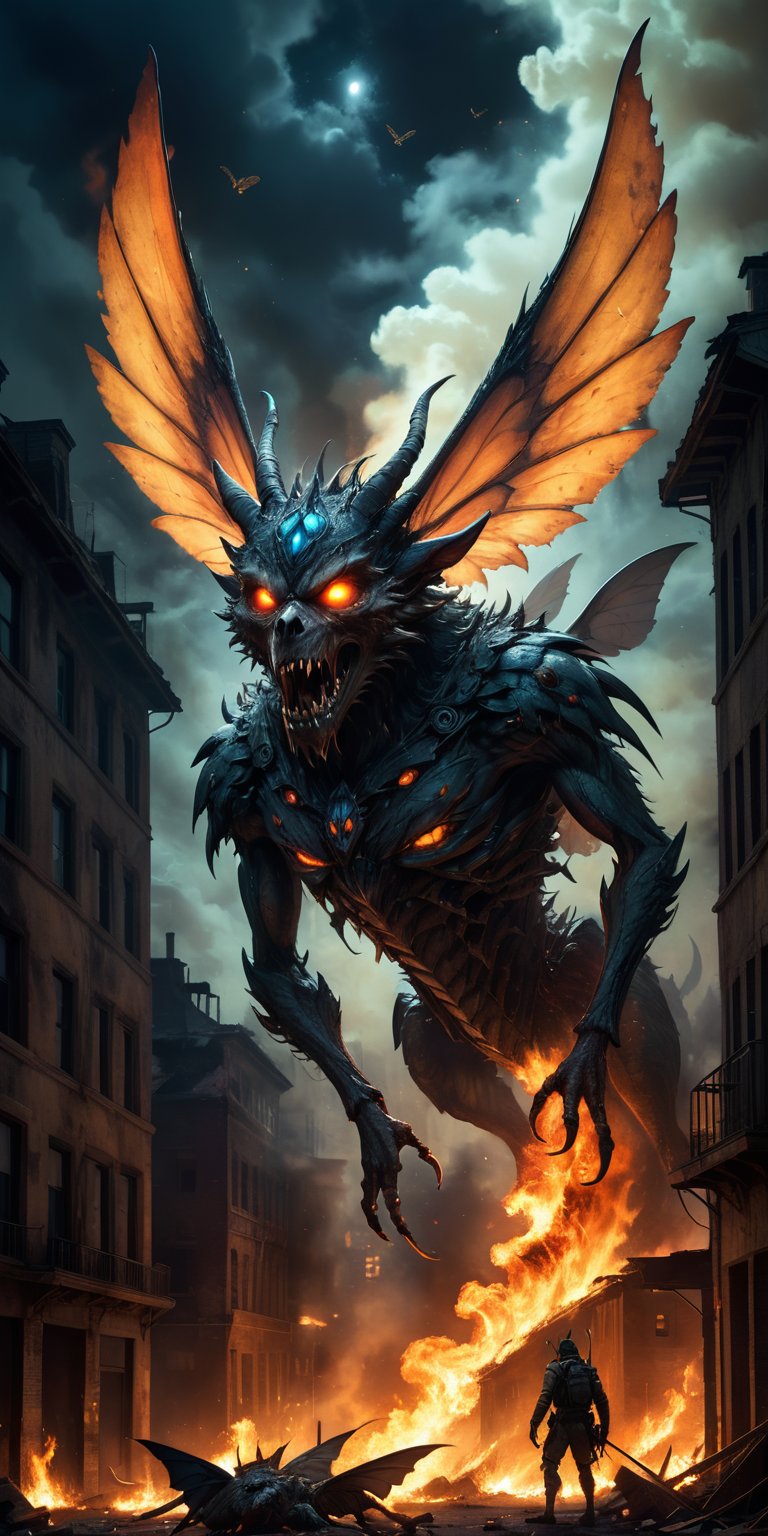 A grotesque winged creature with the head of a wolf and the body of a giant insect lands atop a burning building,  its glo...