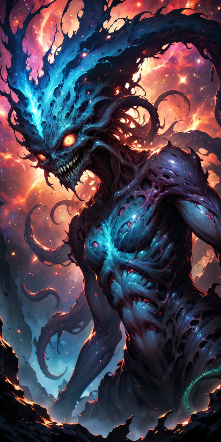 Galactic Abomination:A hideous alien abomination with multiple eyes,  tentacles,  and a distorted body by Caption Master o...