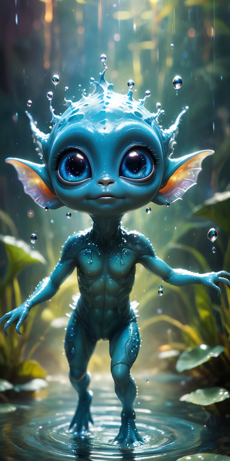 In the crystal-clear waters of an alien pond,  a baby alien with shimmering blue skin and big,  curious eyes splashes glee...