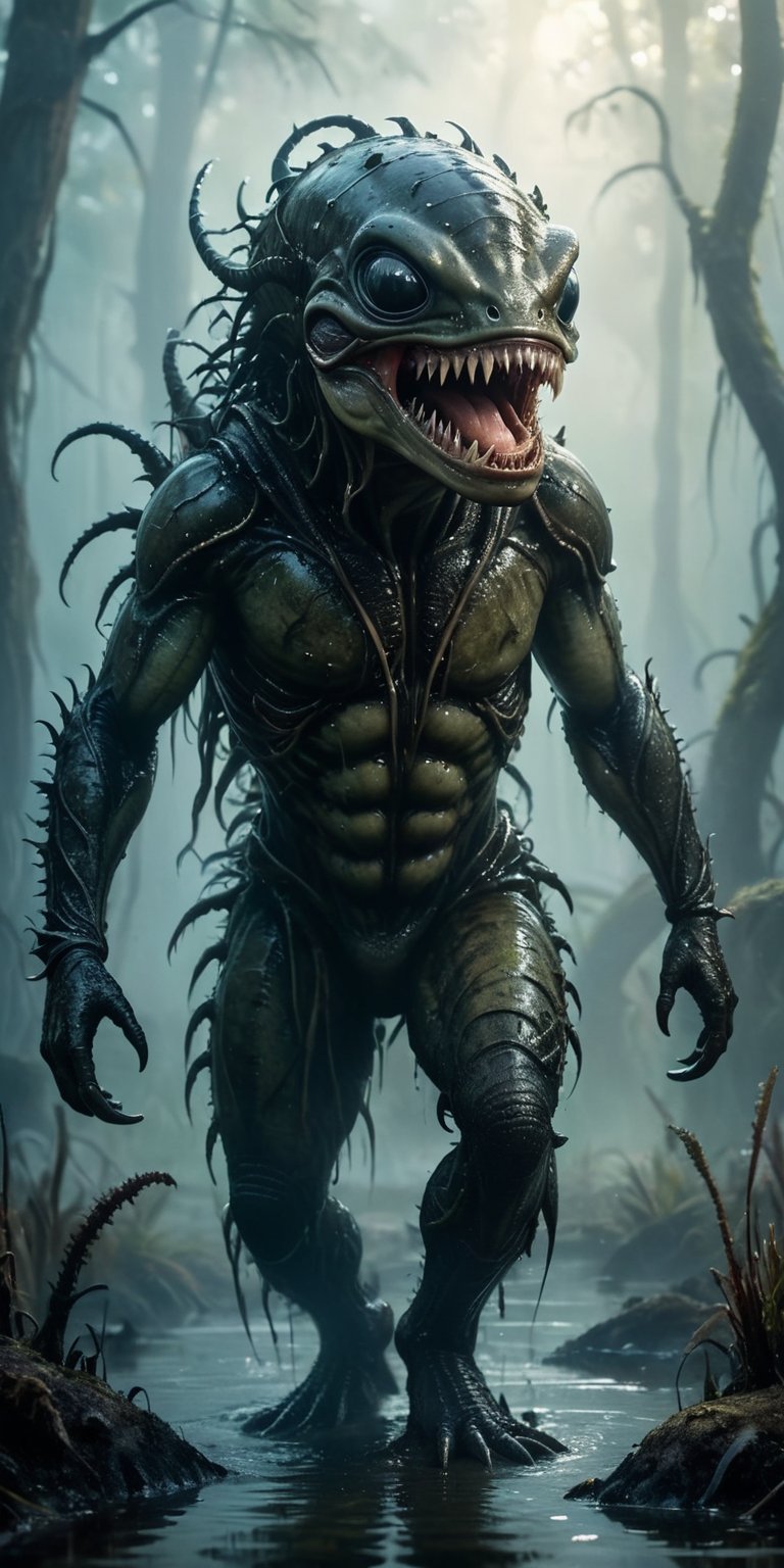 A swamp shrouded in mist hides a horrifying encounter. A leech-like alien with rows of barbed teeth lunges at a monstrous...