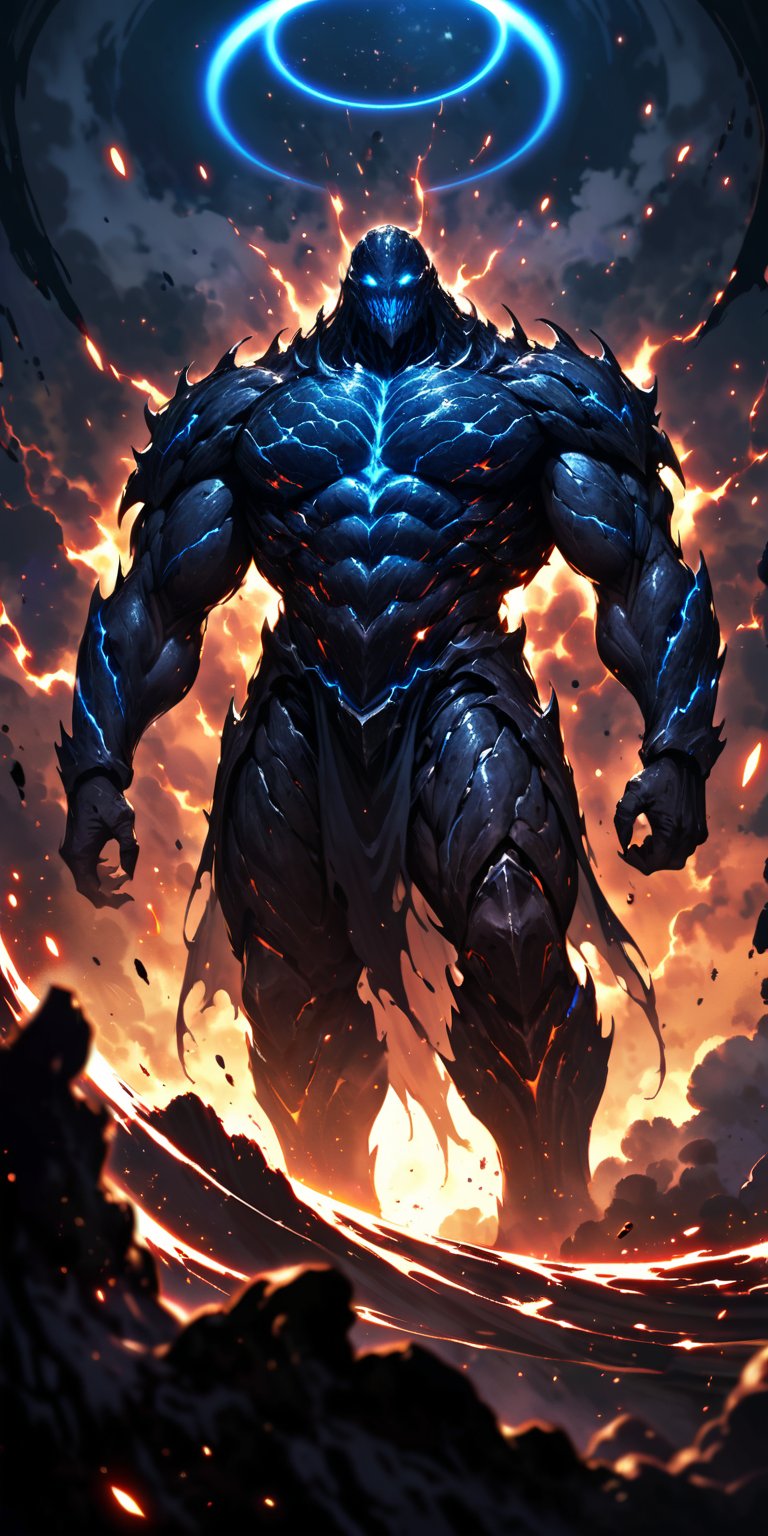 Void Titan:A gigantic alien titan with armored skin and glowing blue veins,  standing against a backdrop of swirling cosmi...