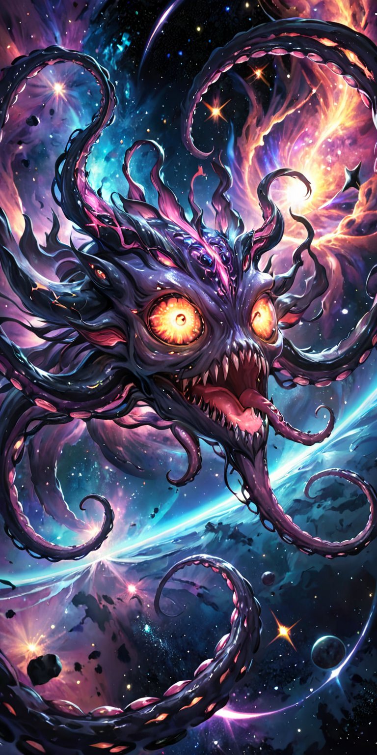 Galactic Abomination:A hideous alien abomination with multiple eyes,  tentacles,  and a distorted body by Caption Master o...