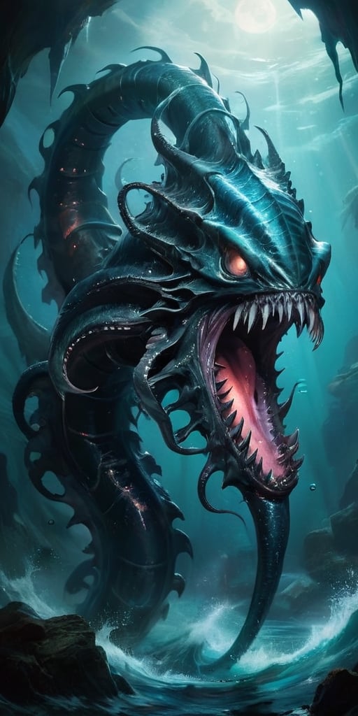 The Abyssal Leviathan Deep beneath the waves of a blackened sea,  where the waters teem with alien life forms,  swims a co...