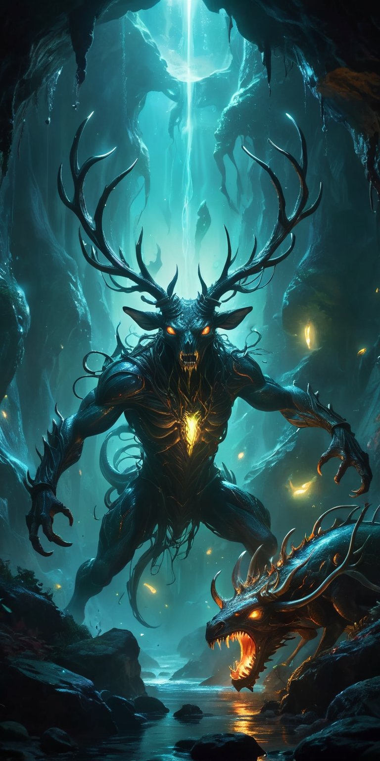 Deep within a bioluminescent cavern,  a serpentine alien with glowing eyes battles a grotesque stag with pulsating alien g...